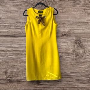 List Boutique yellow shift dress with rhinestone and leopard print scarf accent